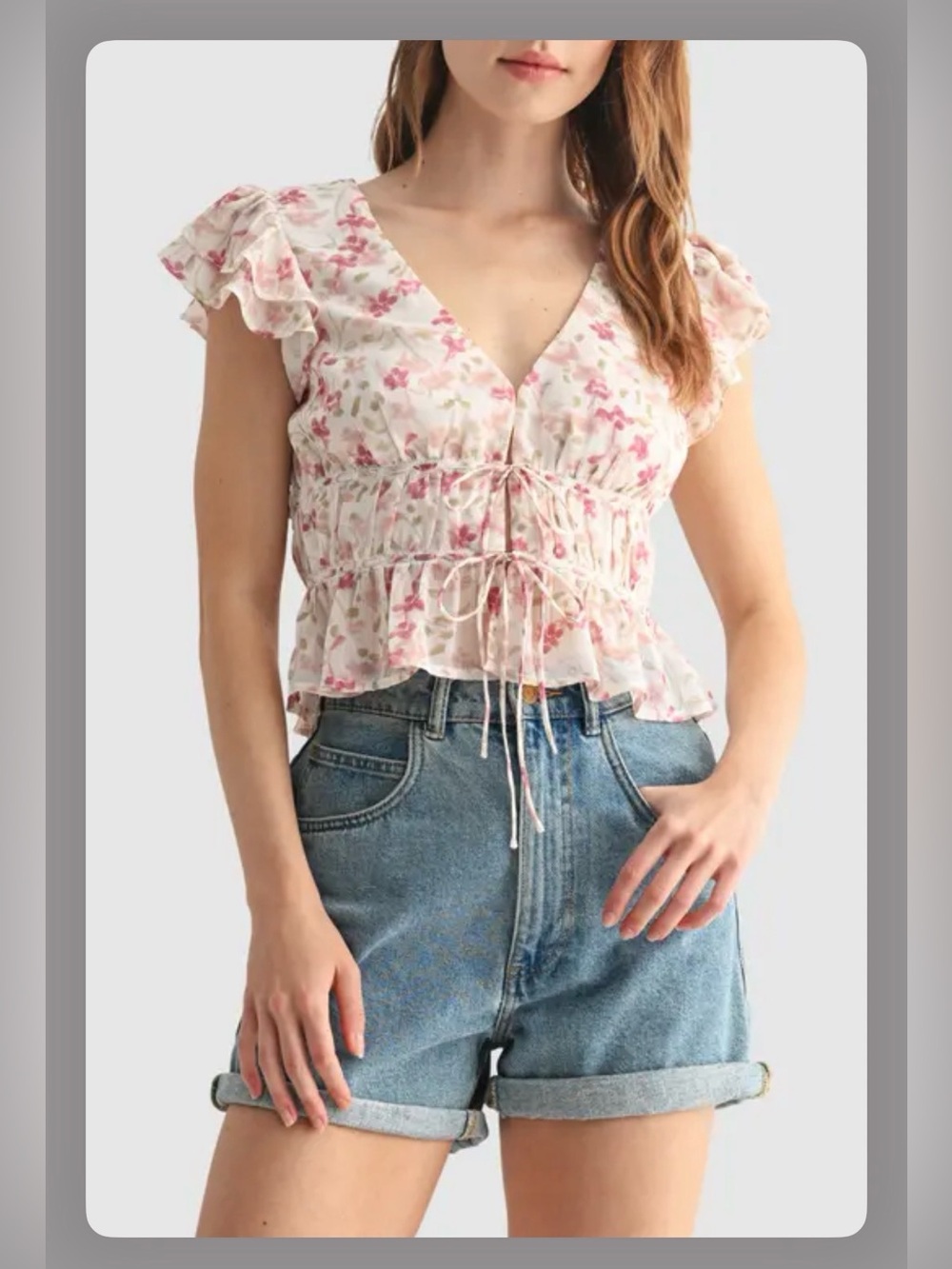NWT All in Favor Pink Floral Ruffle Tie-Front Crop Top SzL